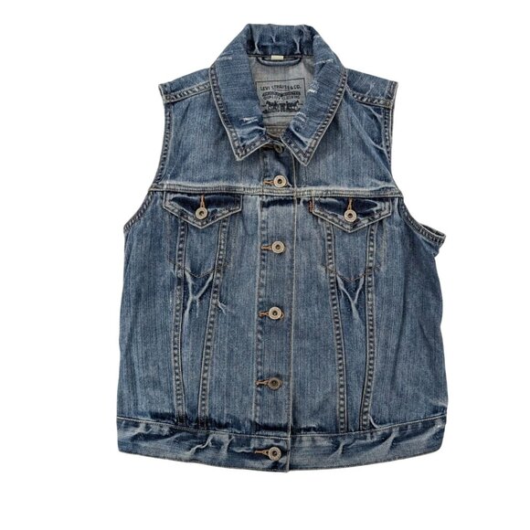 Levis Denim Trucker Vest Women Size M Distressed Button-Up Festival Cowgirl 70s - Picture 1 of 11